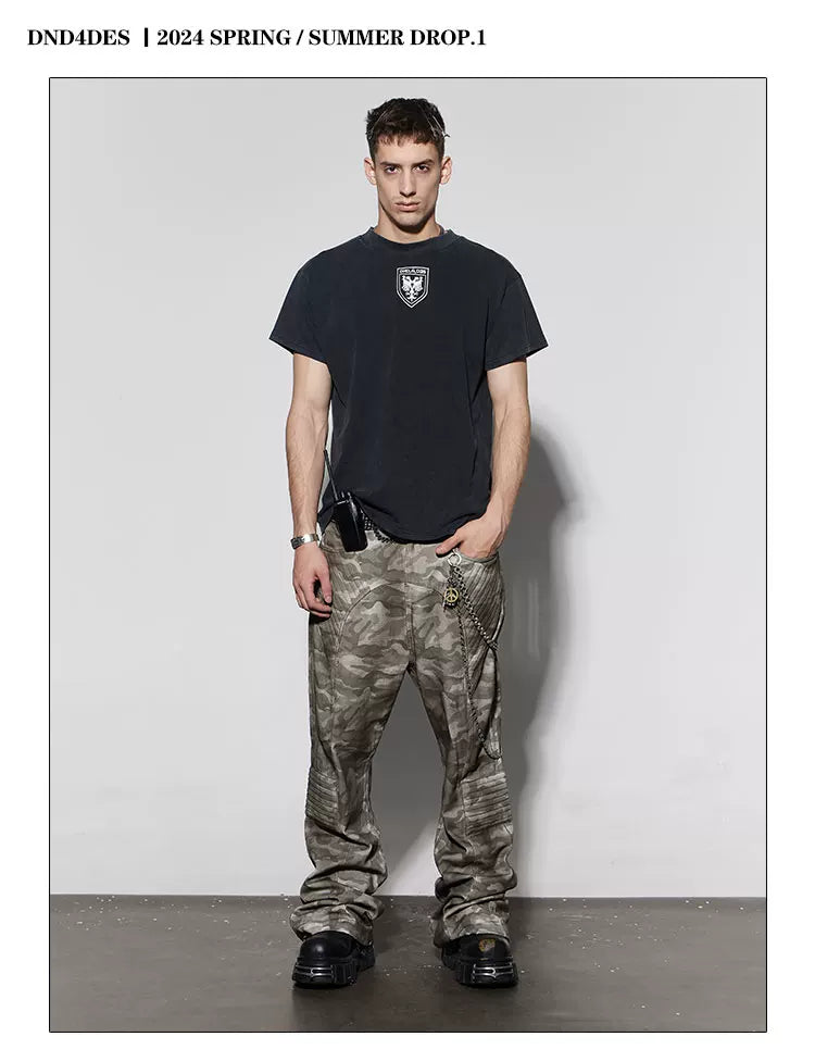 Rugged Distressed Camo Flare Cargo Pants