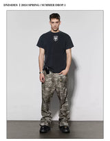 Rugged Distressed Camo Flare Cargo Pants
