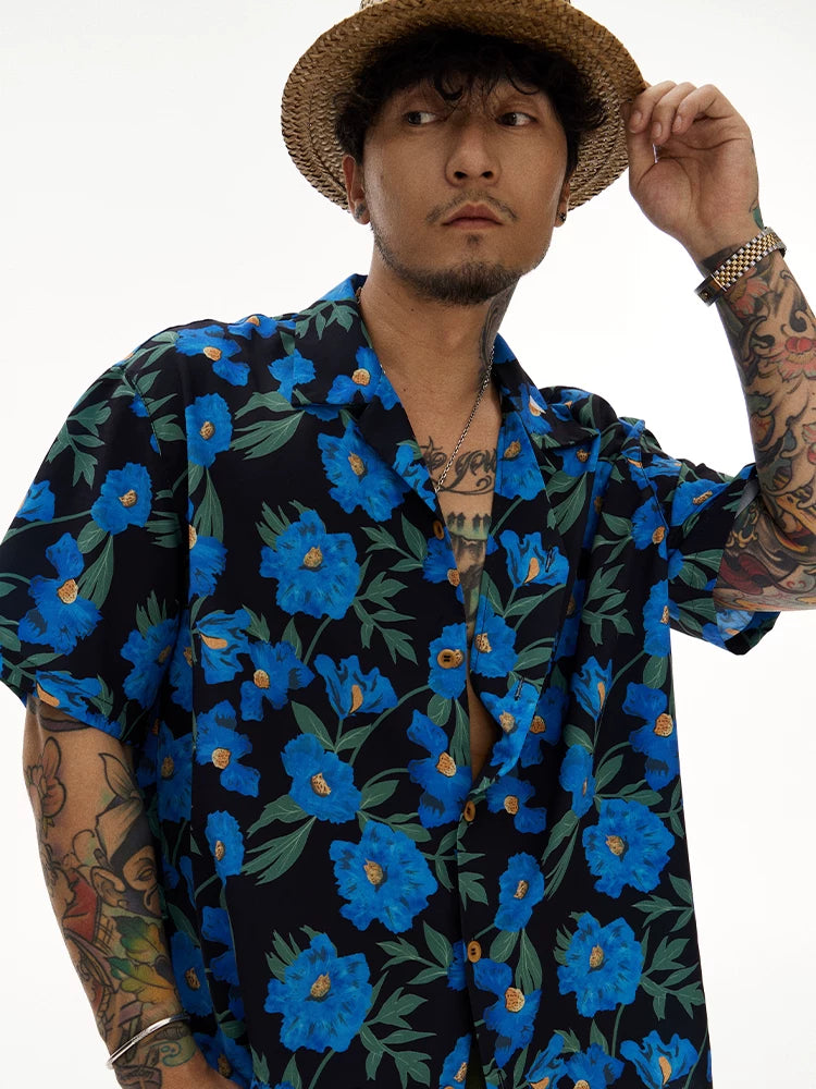 Blue Short Sleeve Cuban Collar Shirts