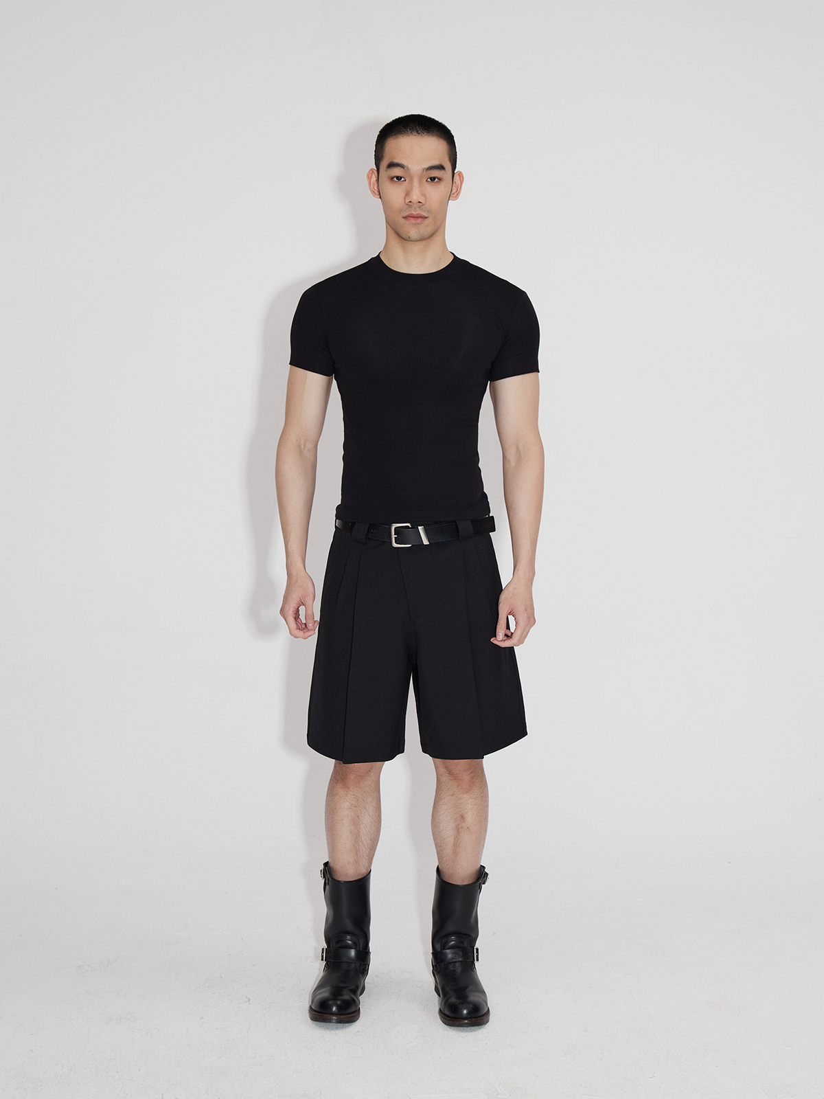 Asymmetric Placket Wool Feel Bermuda Shorts