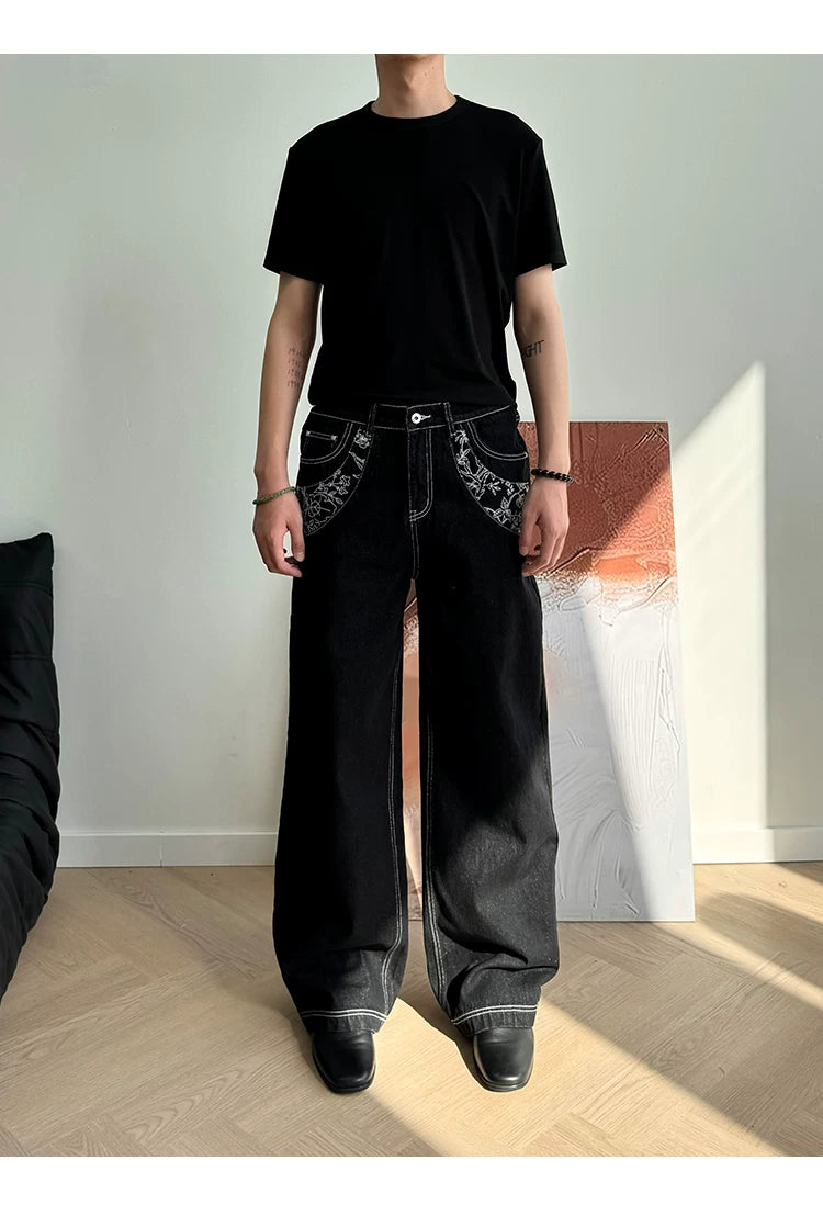 Heavyweight Floral Embroidered A-Line Denim Jeans