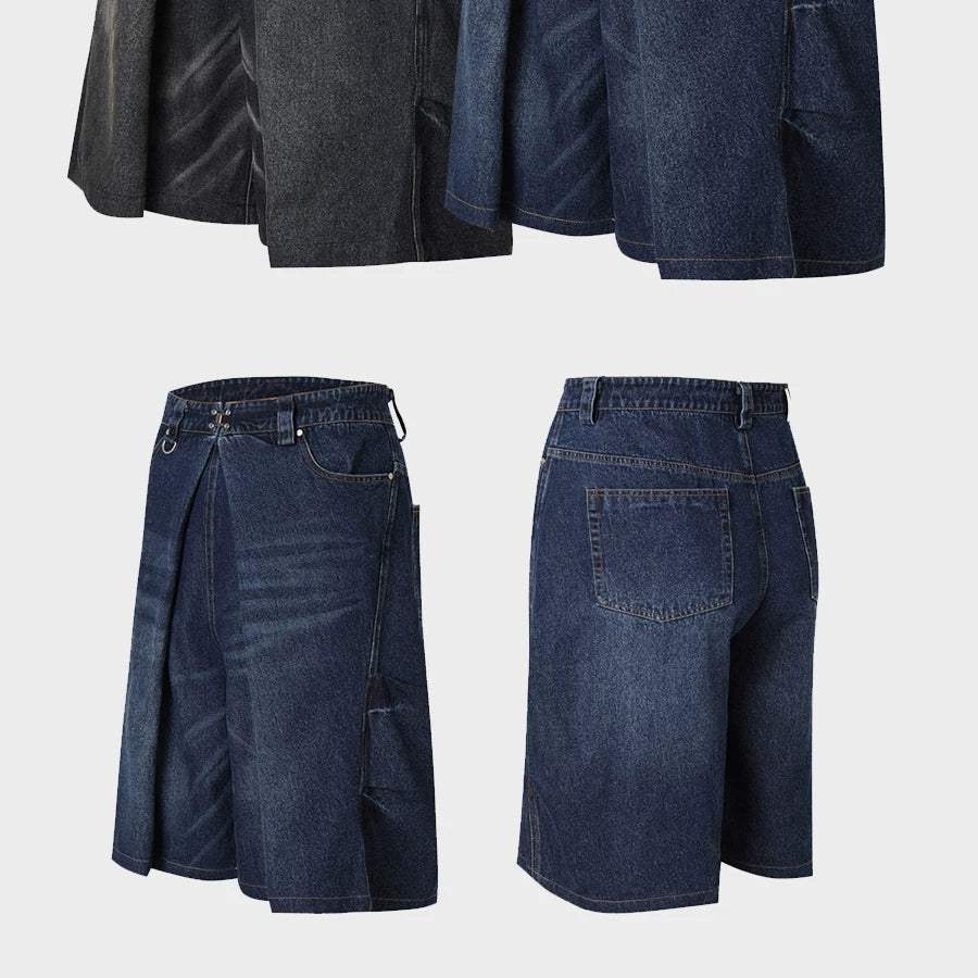 Special Waistband Tailored Washed Denim Shorts