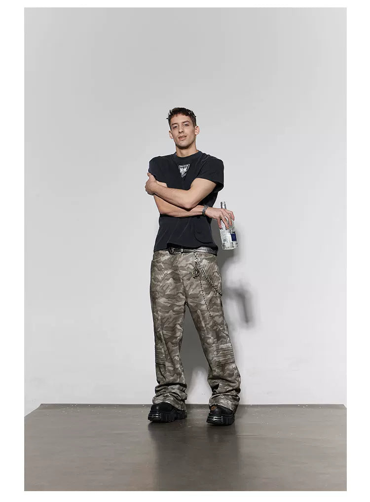 Rugged Distressed Camo Flare Cargo Pants