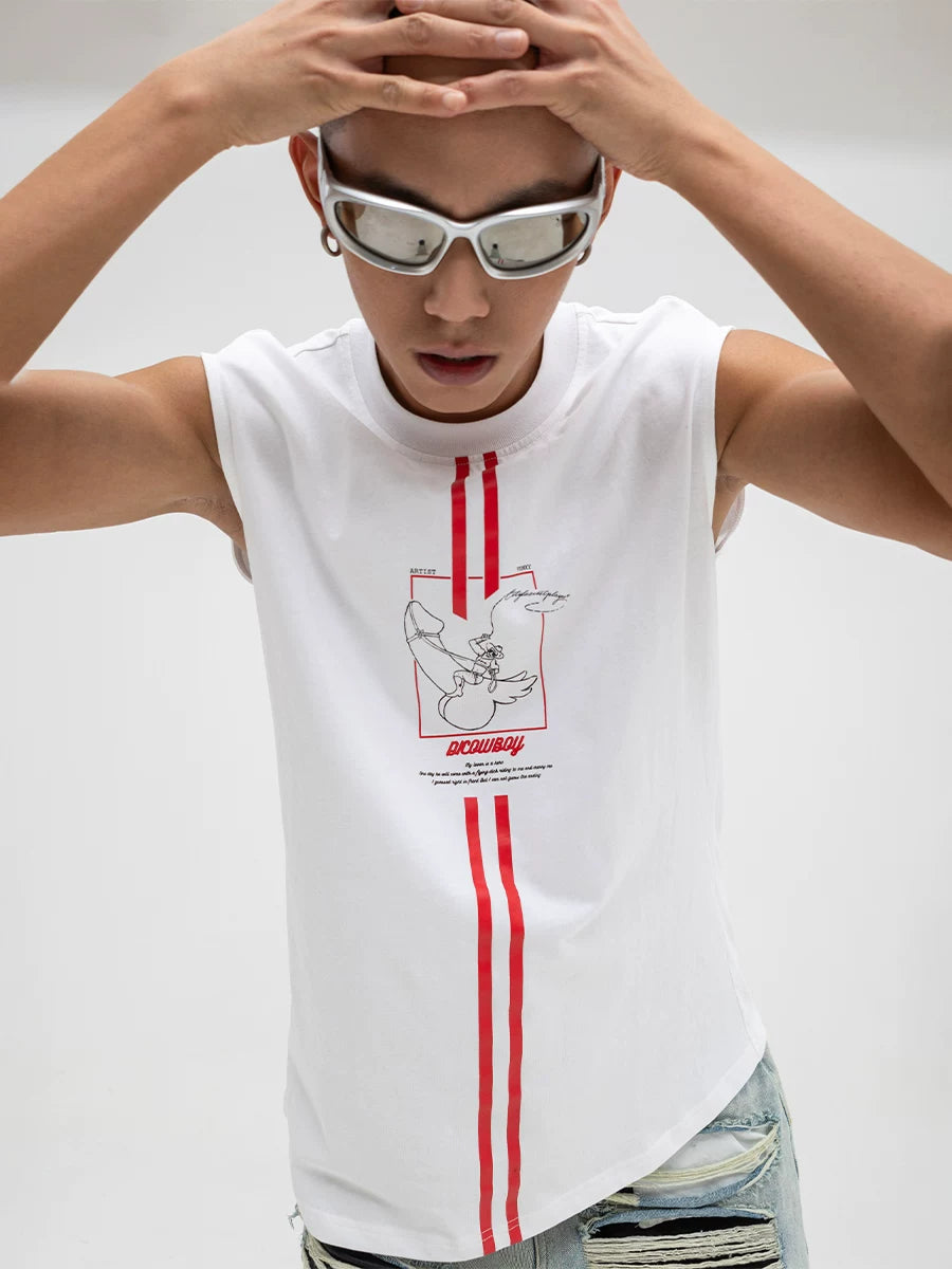 Men's White Loose Hand-Printed Tank Tops