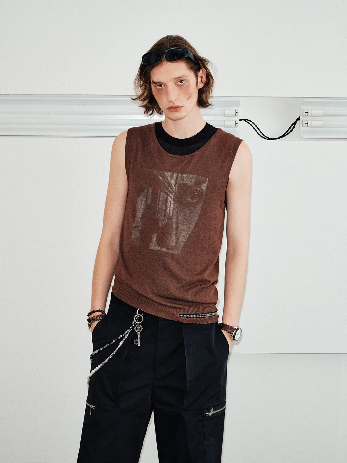 Men's Sleeveless Printed Linen-like Zip Vest