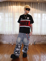 Black White Red Striped Embroidered Tee