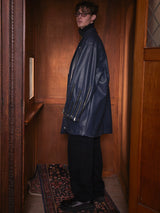 Navy Oversized Multi-Zipper Punk Leather Coat