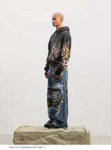 Leopard Print Ripped Washed Baggy Jeans