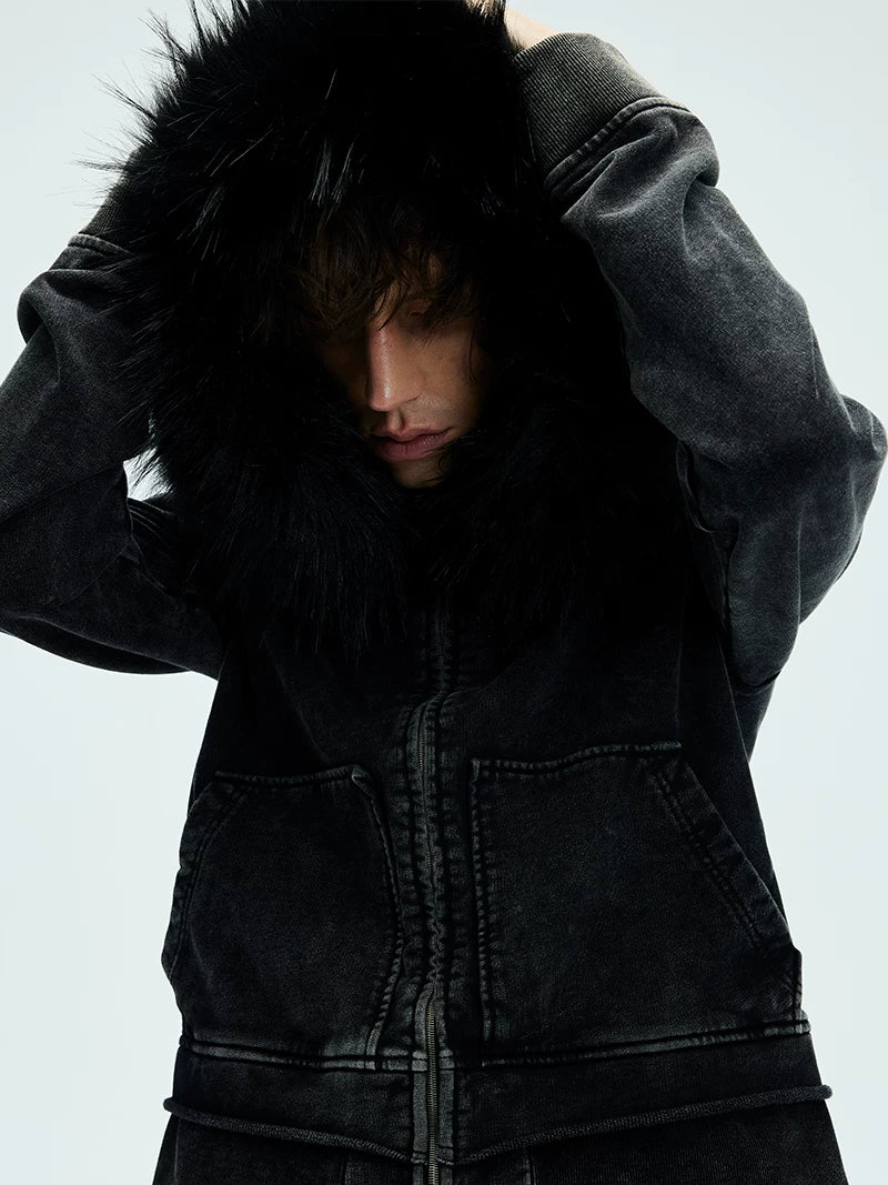 Washed Detachable Fur Zip Hoodie