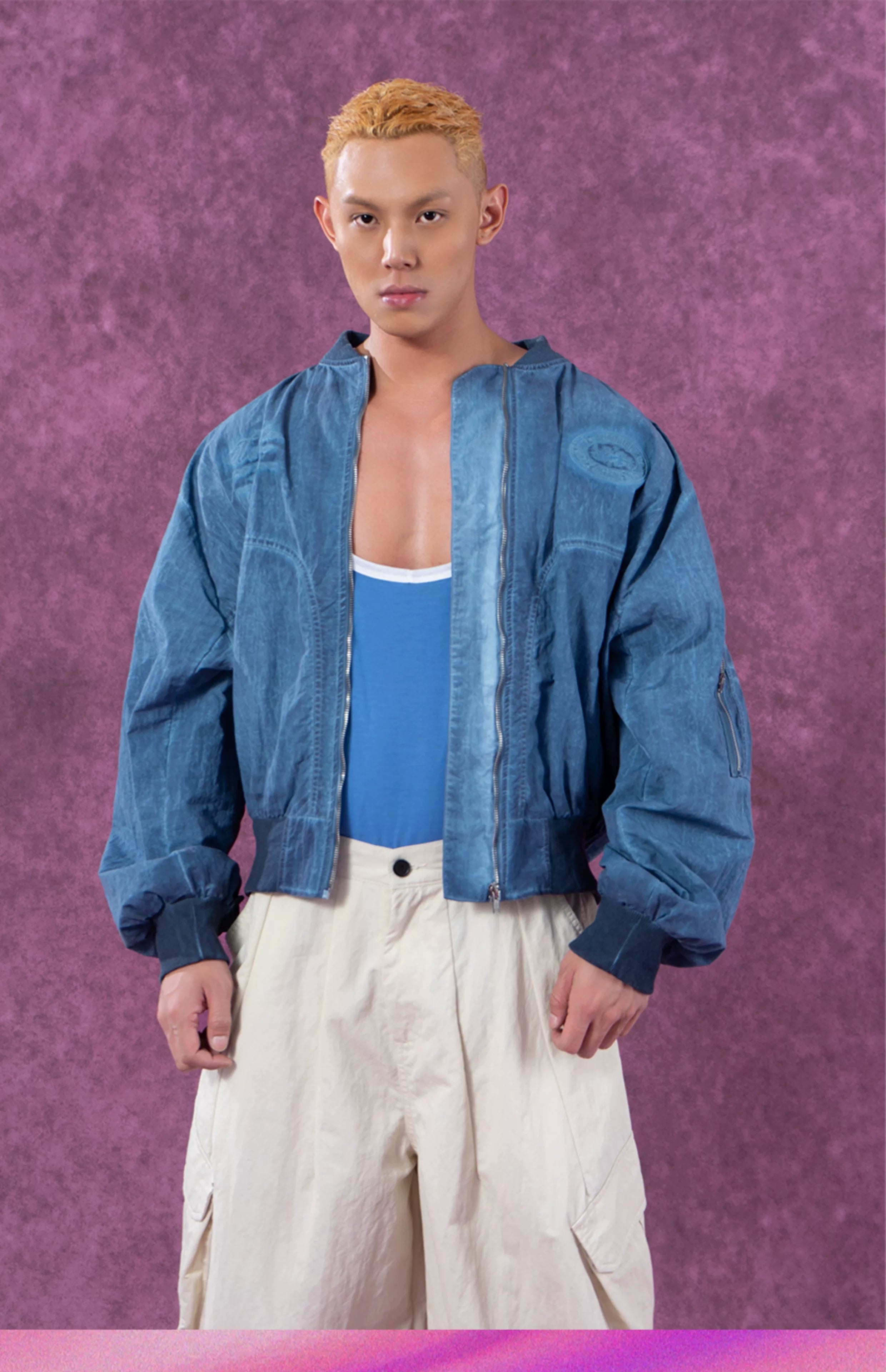 Men's Textured Gray Blue Bomber Jacket