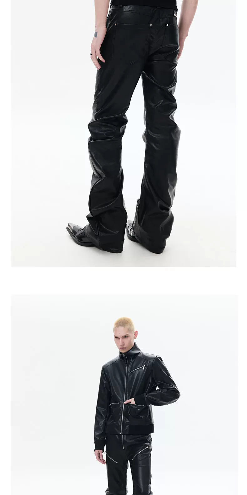 Slim Curved Leather Pants with Zippers