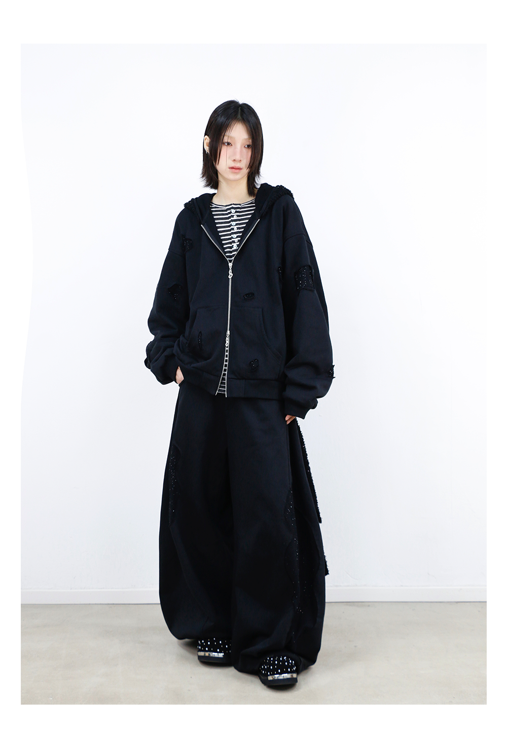 Detachable Dual Hood Rhinestone Zip Hoodie