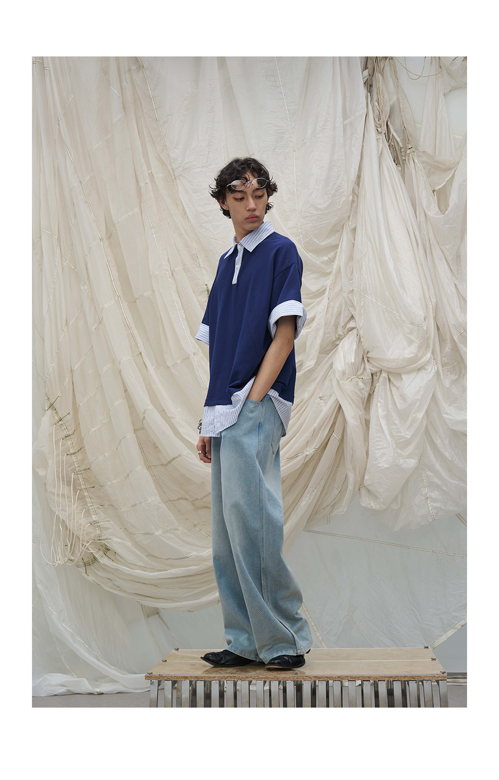 Washed Semi-Zip Relaxed Straight Leather-Patch Jeans