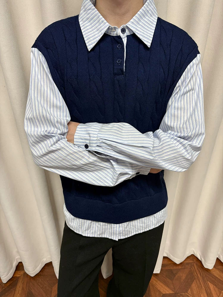 Wool Contrast Fake Two-piece Polo Sweater
