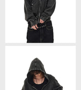 Distressed Waffle Riveted Zip-Up Hoodie