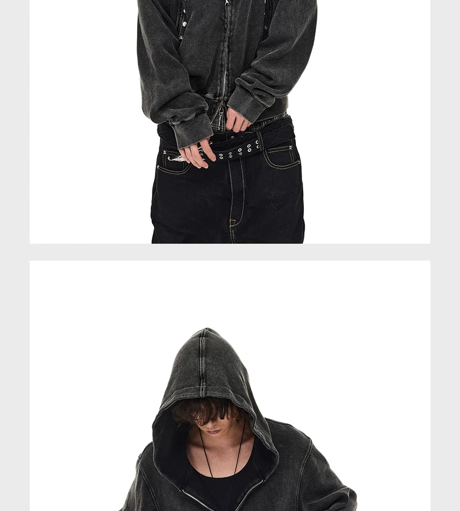 Distressed Waffle Riveted Zip-Up Hoodie