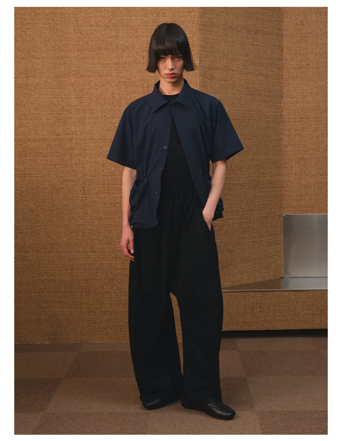 Short Sleeve Bubble Pleat Drawstring Shirt