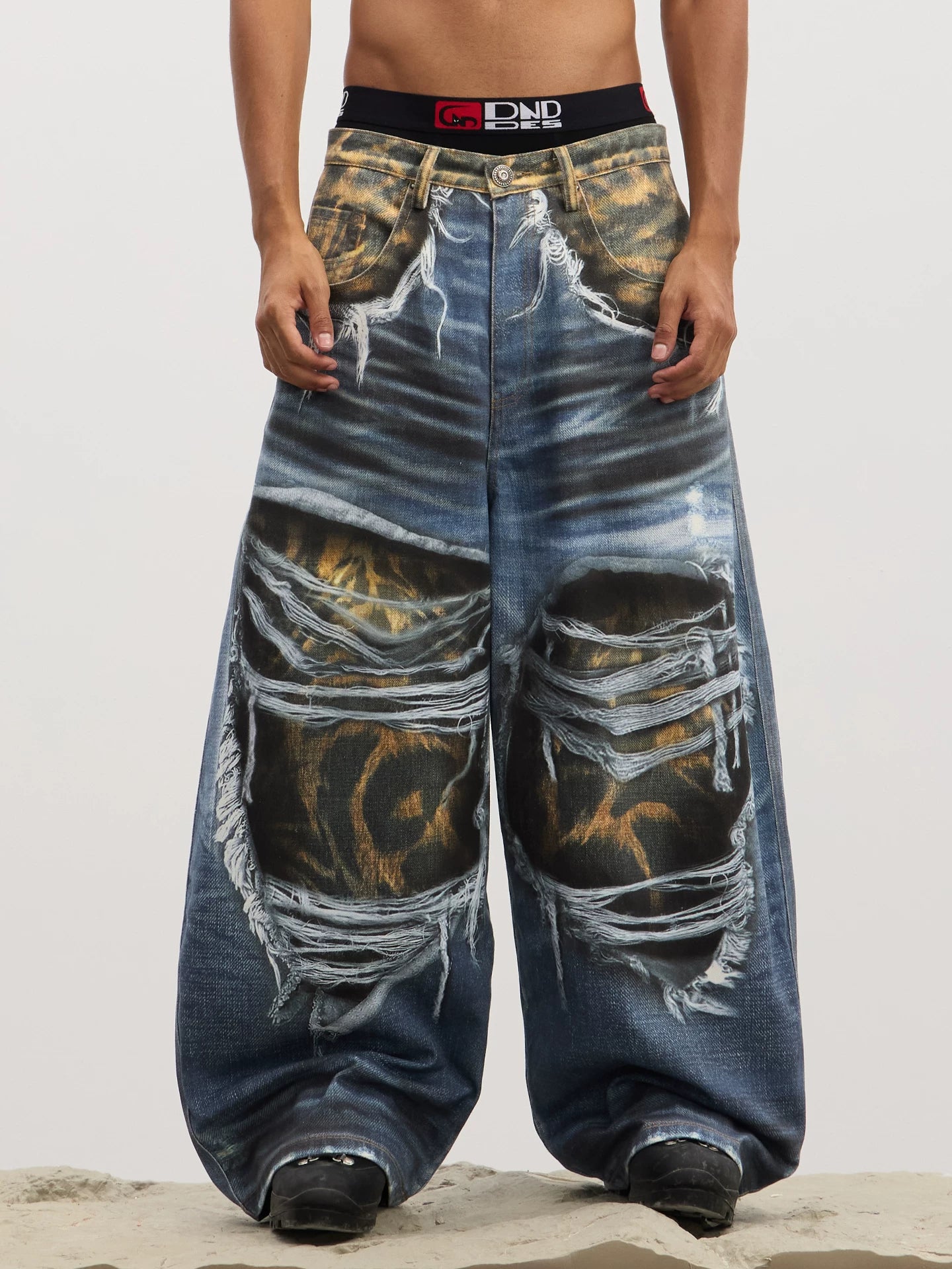 Leopard Print Ripped Washed Baggy Jeans