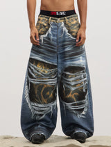 Leopard Print Ripped Washed Baggy Jeans