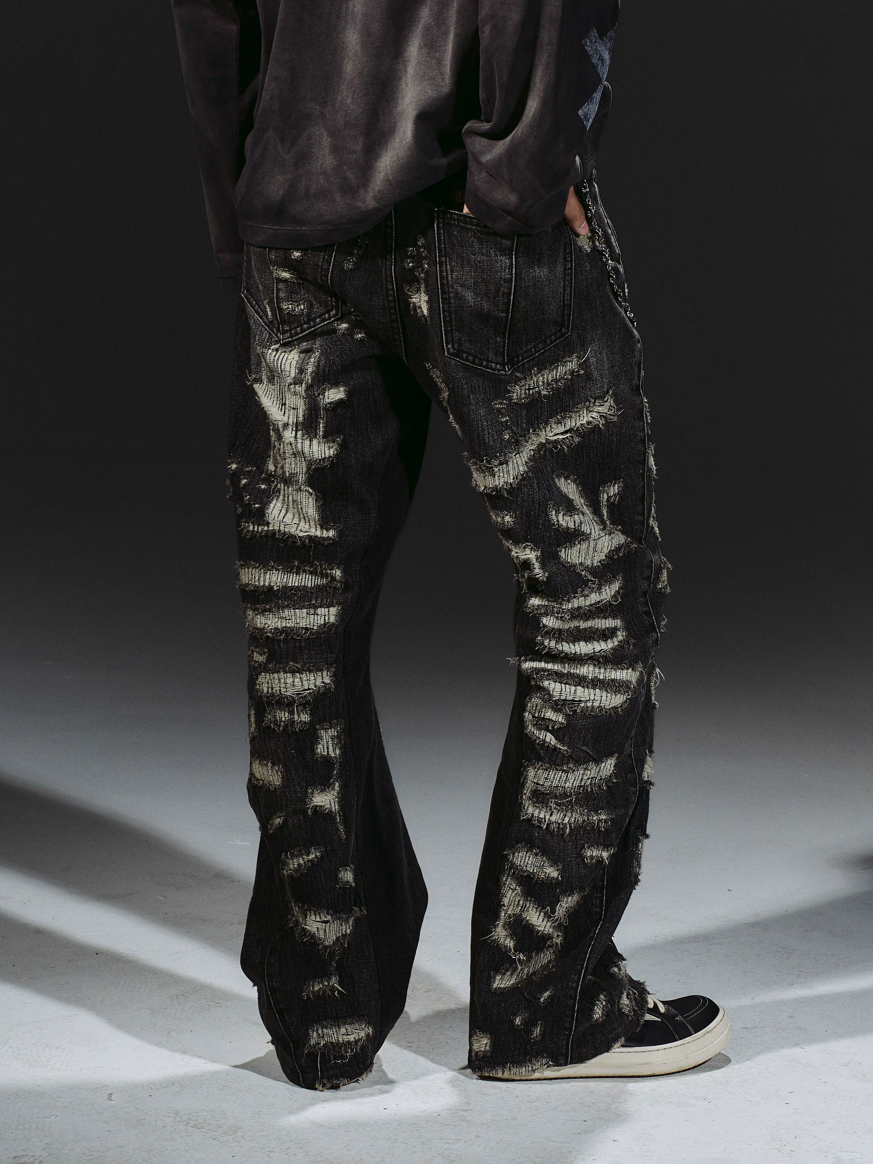 Heavyweight Distressed Embroidered Patchwork Flared Jeans