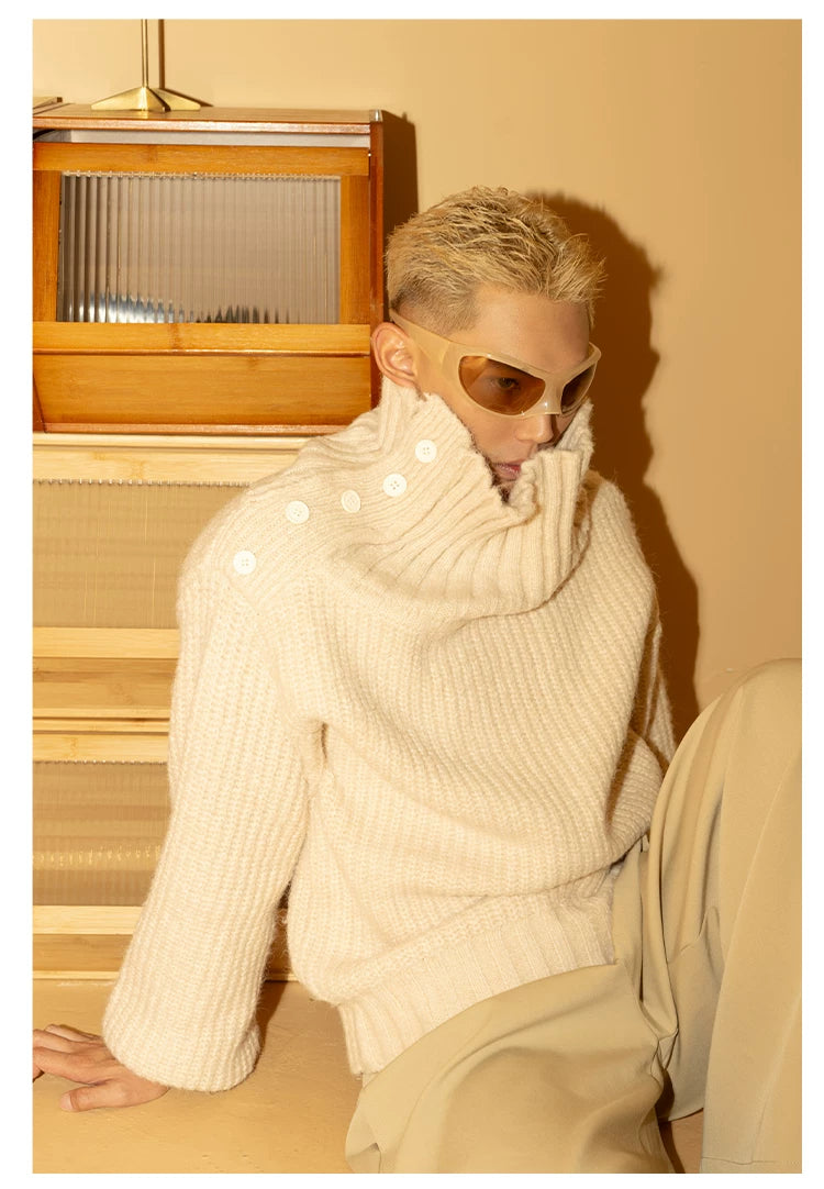 Men's Apricot Wool Side-buttoned Turtleneck Sweater