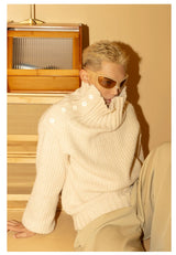 Men's Apricot Wool Side-buttoned Turtleneck Sweater