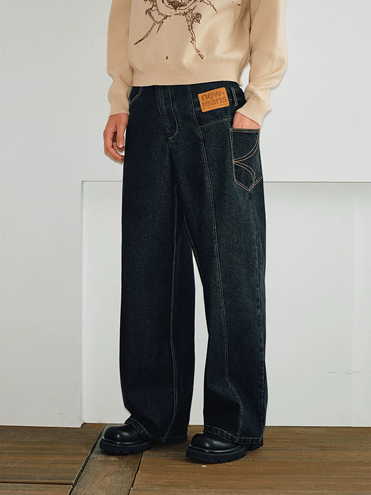 Men's Color-block Loose Raw Denim Jeans