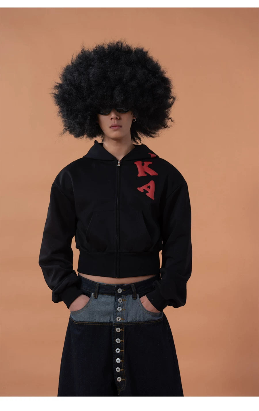Men's Black Cropped Graphic Hooded Cardigan