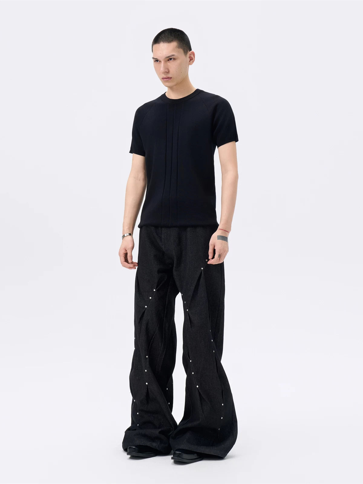 Pleated Wide Leg Raw Denim Jeans