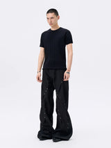 Pleated Wide Leg Raw Denim Jeans