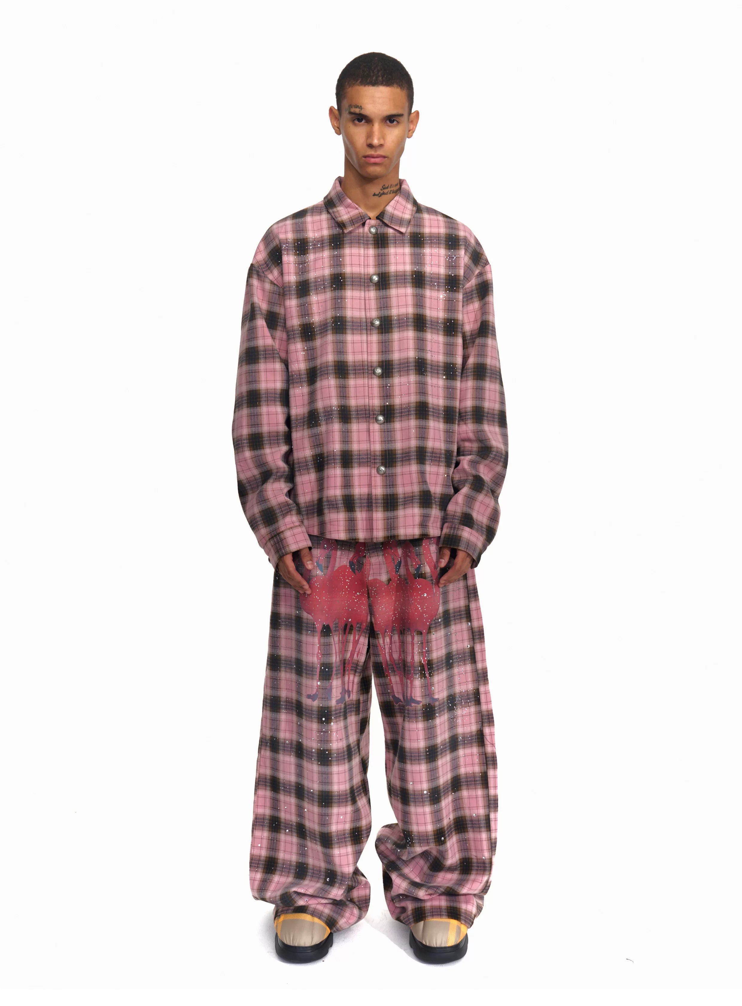 Men's Pink Plaid Flamingo Rhinestone Jacket