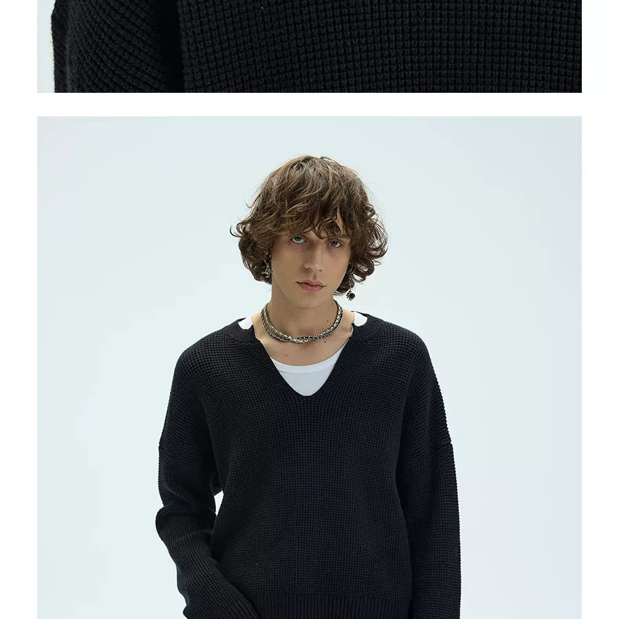 V-Neck Three-Color Waffle Lace Knit Sweater