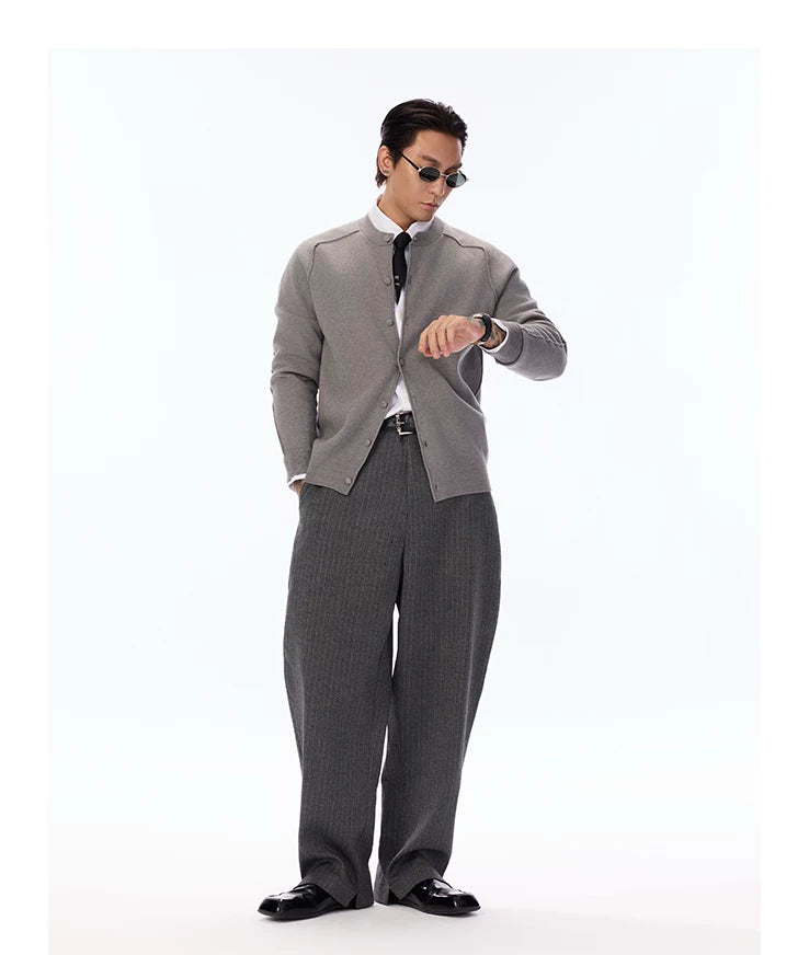 Grey Pinstripe Wool Blend Trousers