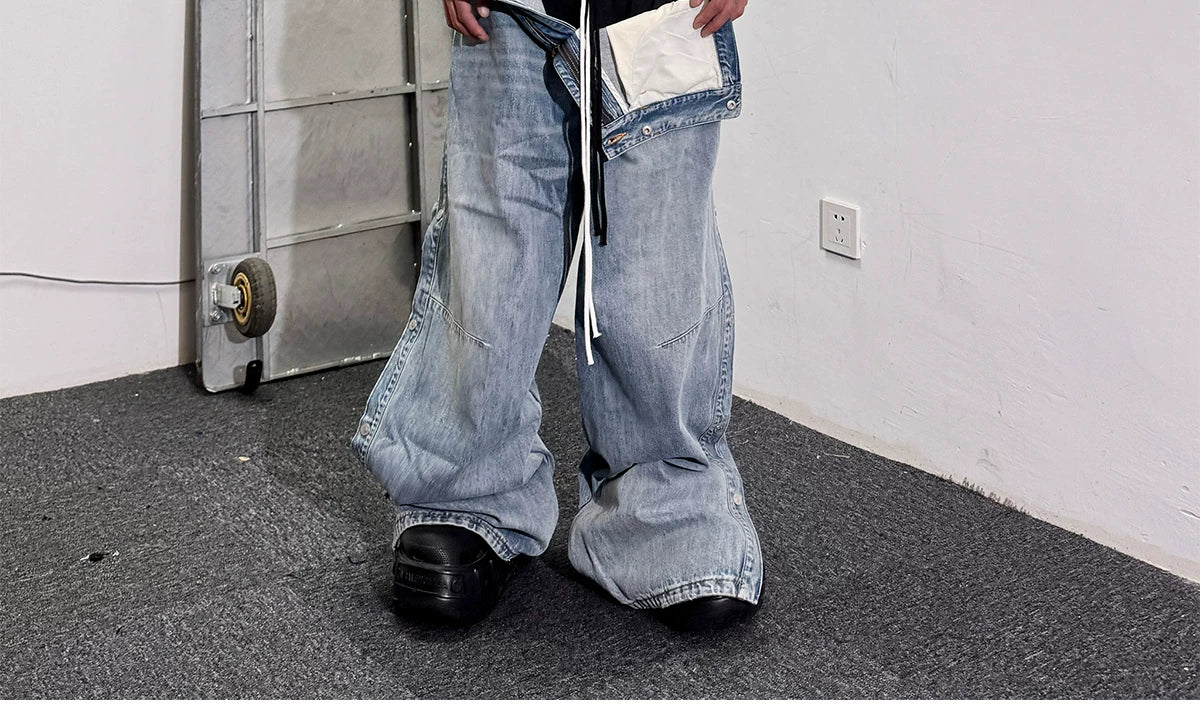 Double Waistband Drawstring Washed Blue Jeans