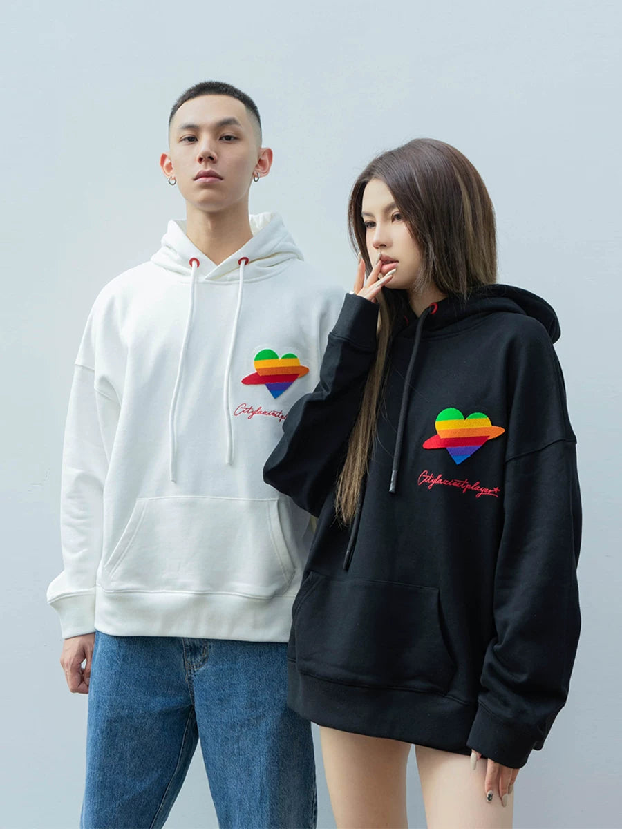Loose Rainbow Heart Couple Hoodies