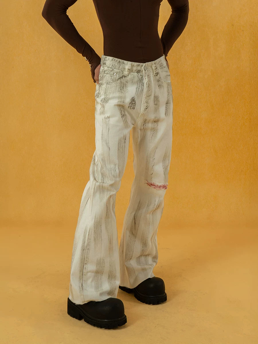 Men's Vintage White Sickle-Print Flare Jeans