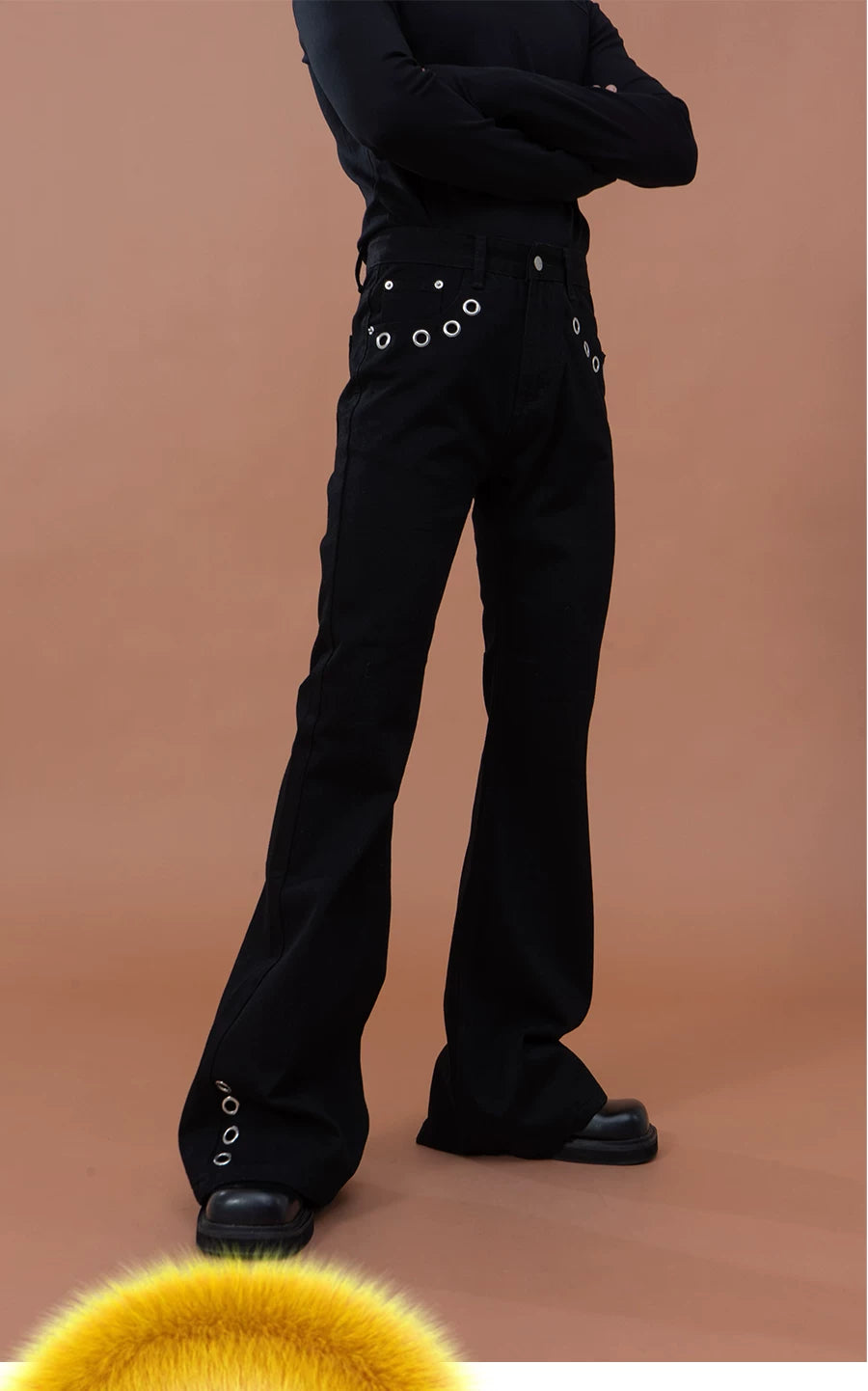 Men's Black Metal Ring Flare Jeans