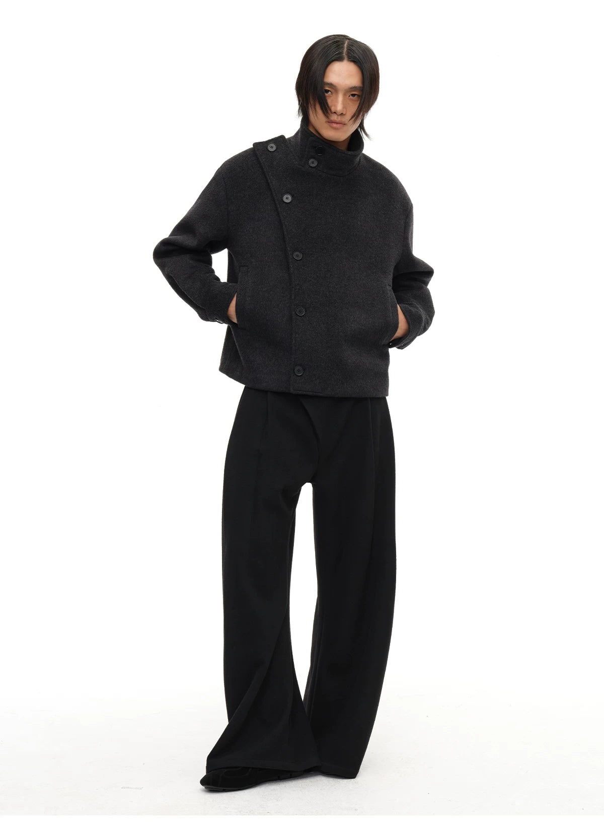 Collared Buttoned Adjustable Waist Wool Jacket