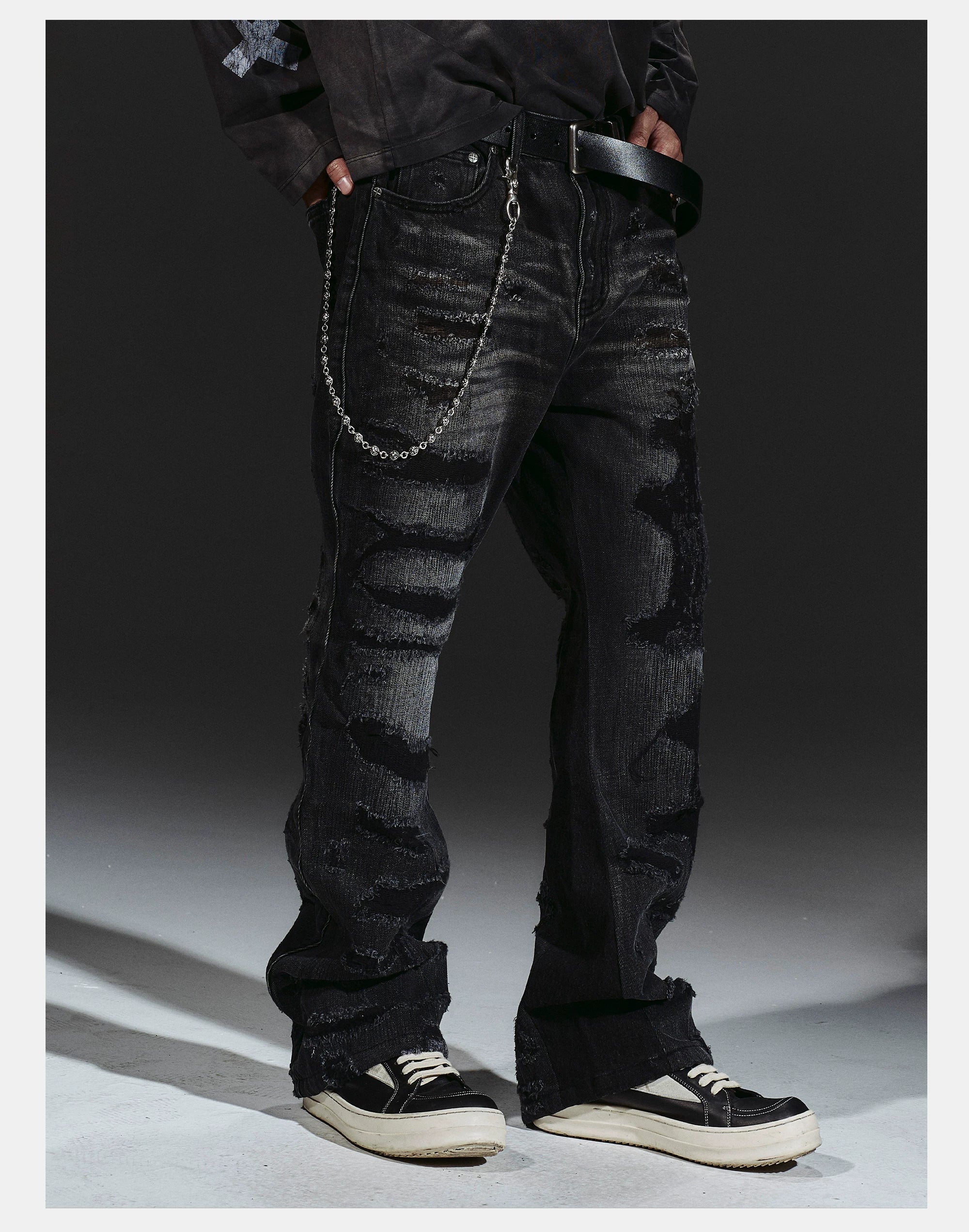 Flared Washed Distressed Patchwork Jeans