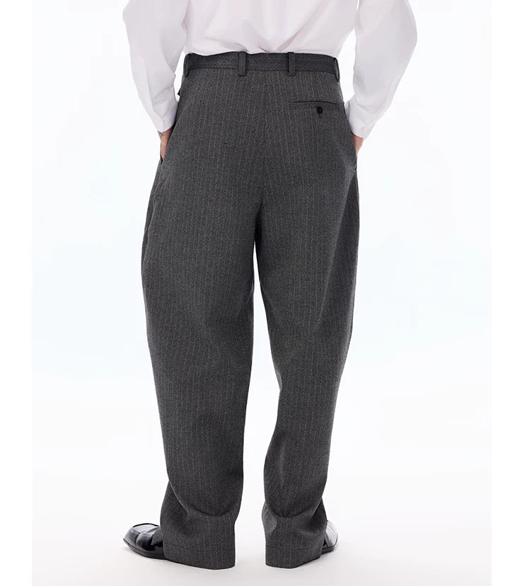 Grey Pinstripe Wool Blend Trousers