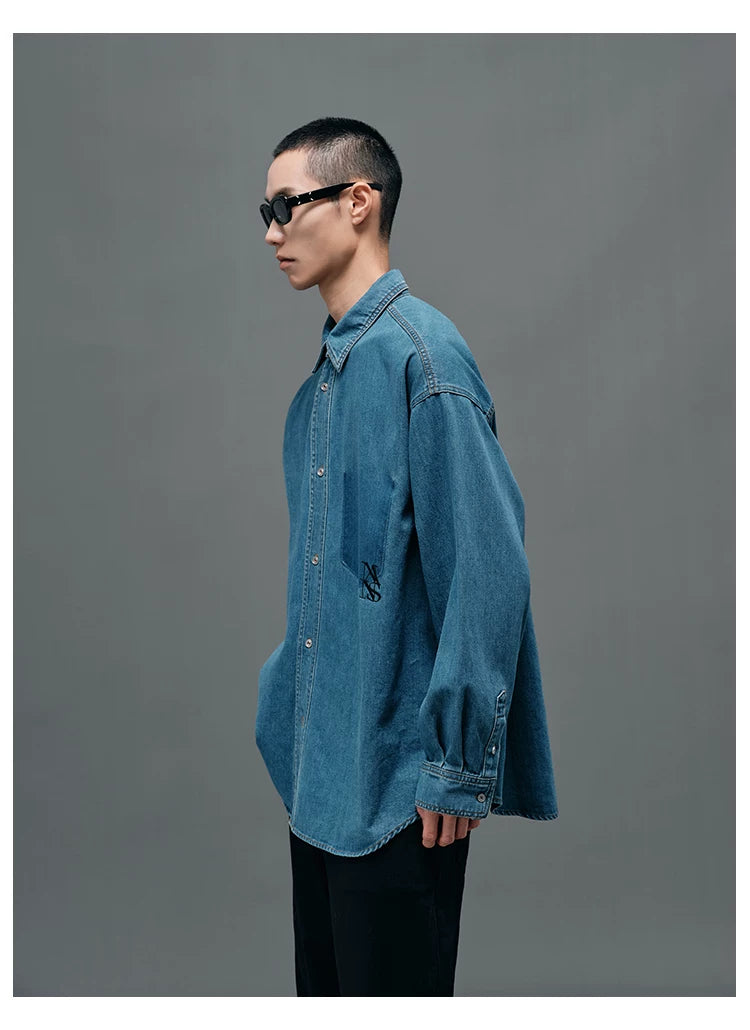 Washed Blue Oversized Embroidered Denim Shirt
