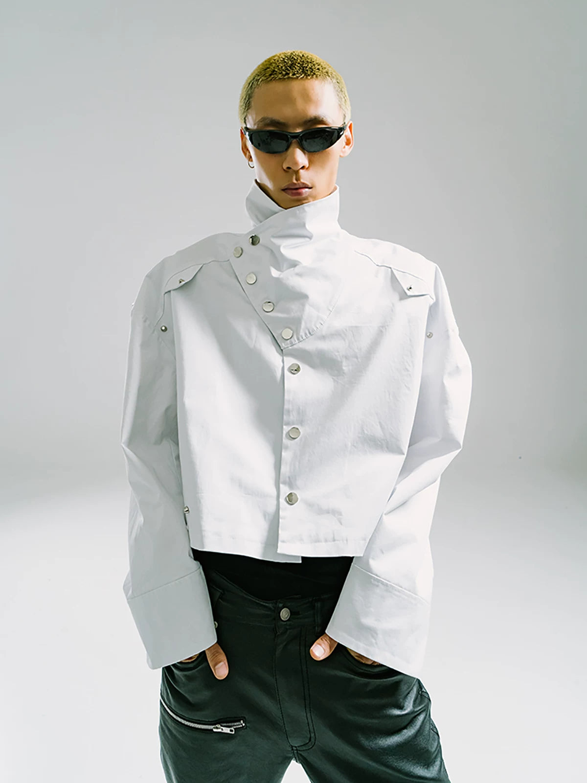 Oversized Cropped Stand Collar Riveted Jacket