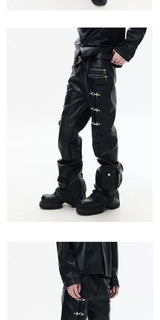 Zippered Flared Leather Casual Pants