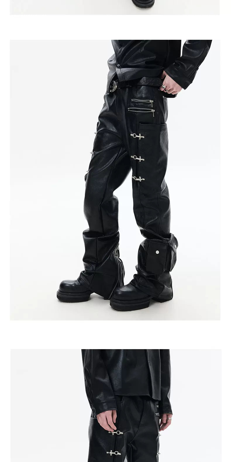 Zippered Flared Leather Casual Pants