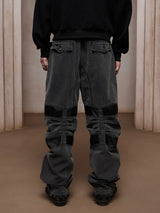 Heavy-Washed Paneled Curved Multi-pocket Cargo Jeans