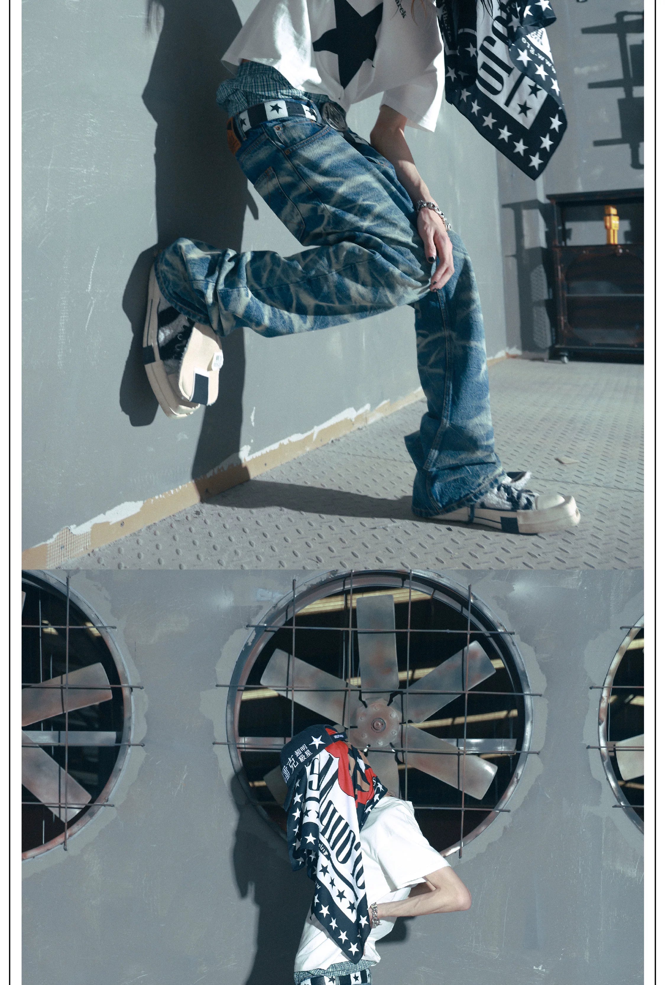 Blue Washed Distressed Flared Denim Pants