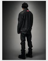 Dark Distressed Patchwork Relaxed Denim Jacket