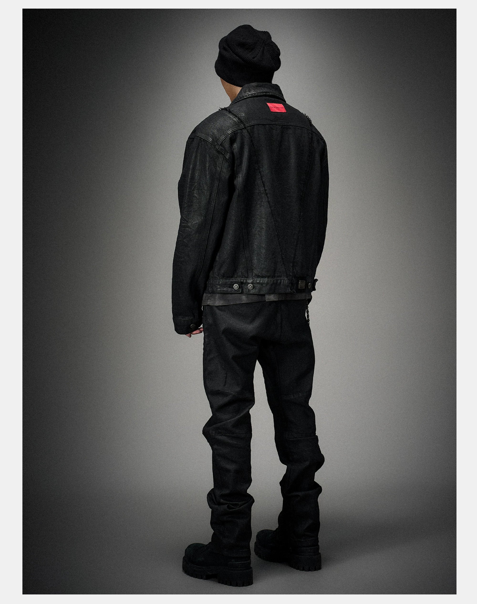 Dark Distressed Patchwork Relaxed Denim Jacket