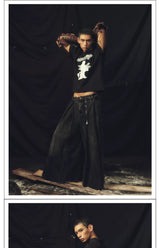 Washed Multi-Zip Pleated Wide Leg Jeans