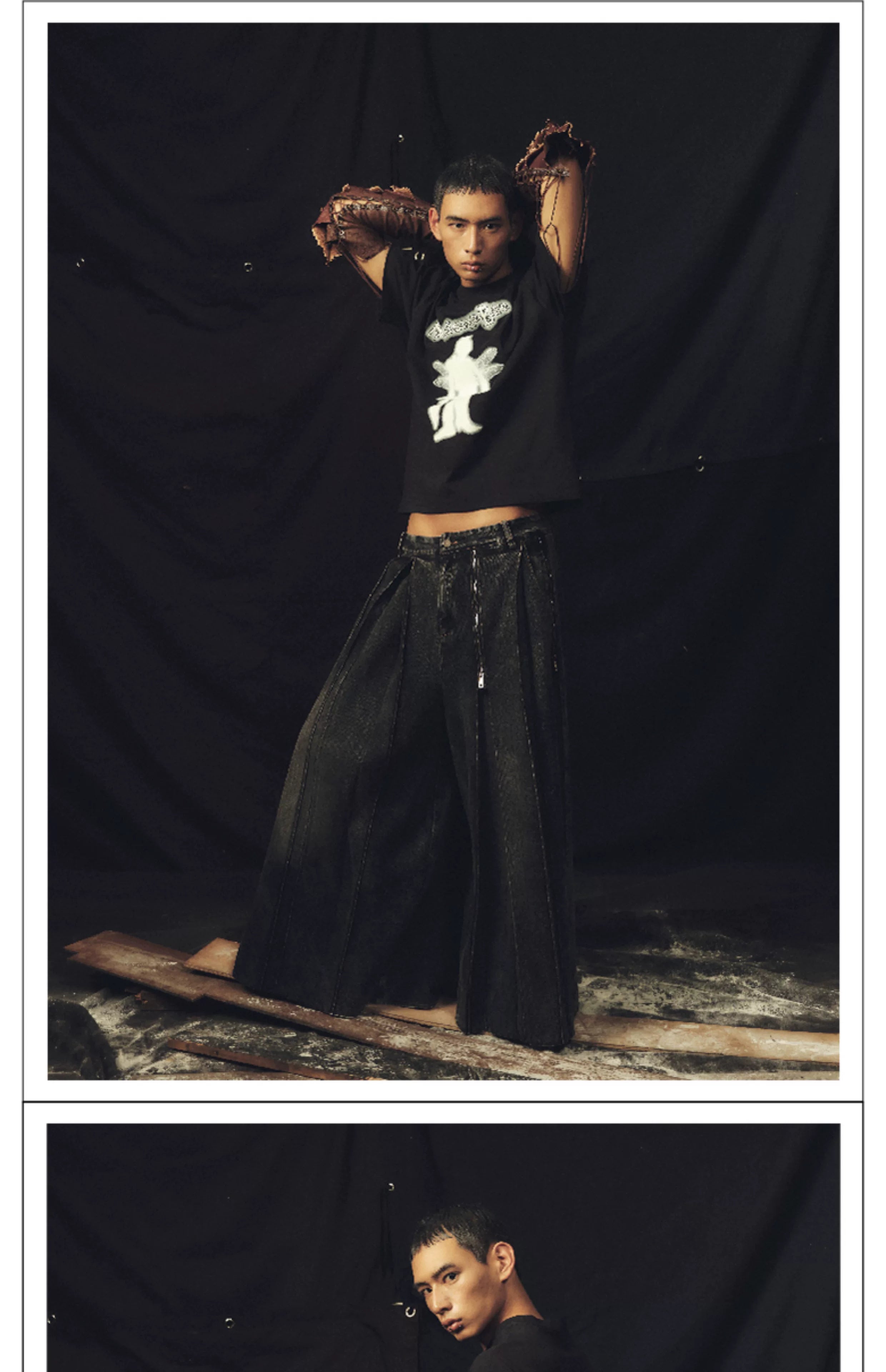 Washed Multi-Zip Pleated Wide Leg Jeans